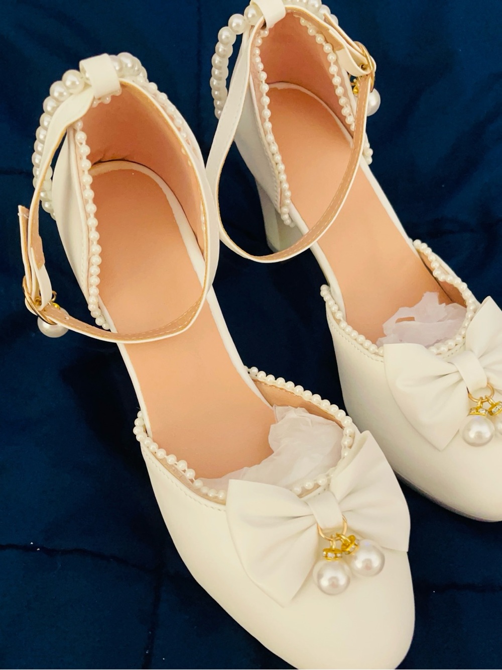 Pearl-Trim White Bow Ankle-Strap platform heel